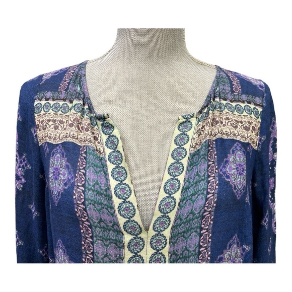 Lucky brand. Blue and purple patterned long sleeved blouse with tie sleeves sz S - Picture 7 of 14
